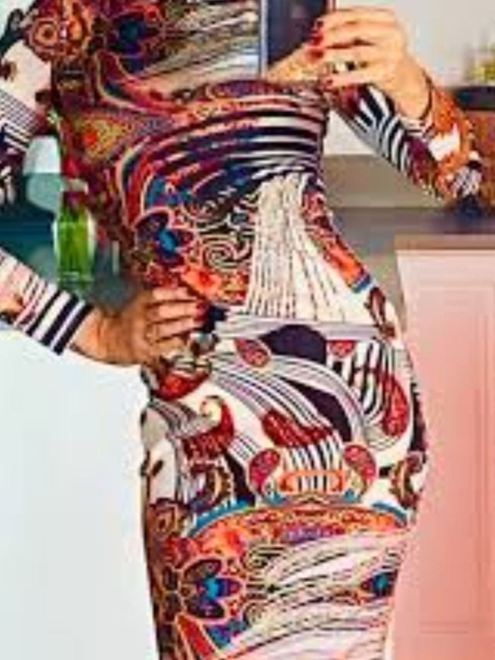 Multicolor Printed Long-Sleeve Maxi Dress